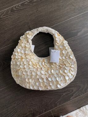 Seashell Discs Beaded Shoulder Hobo Bag NWT Cream Handcrafted